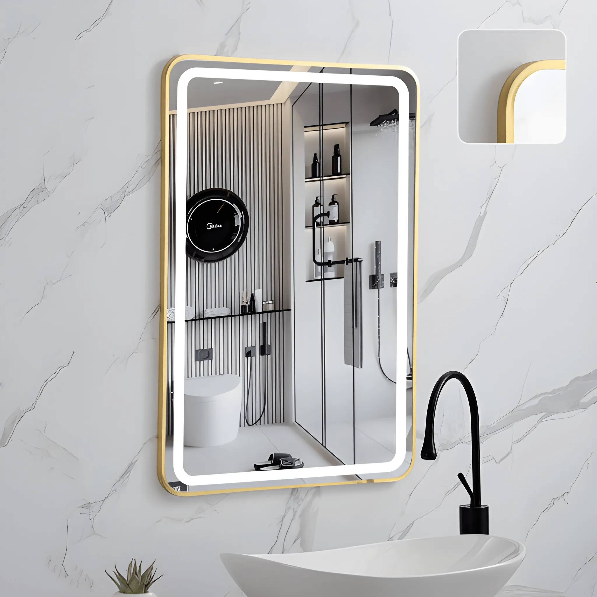 Rectangle LED Mirror 80 x 60 cm with Gold Frame & Integrated LED Lighting – R8060G01