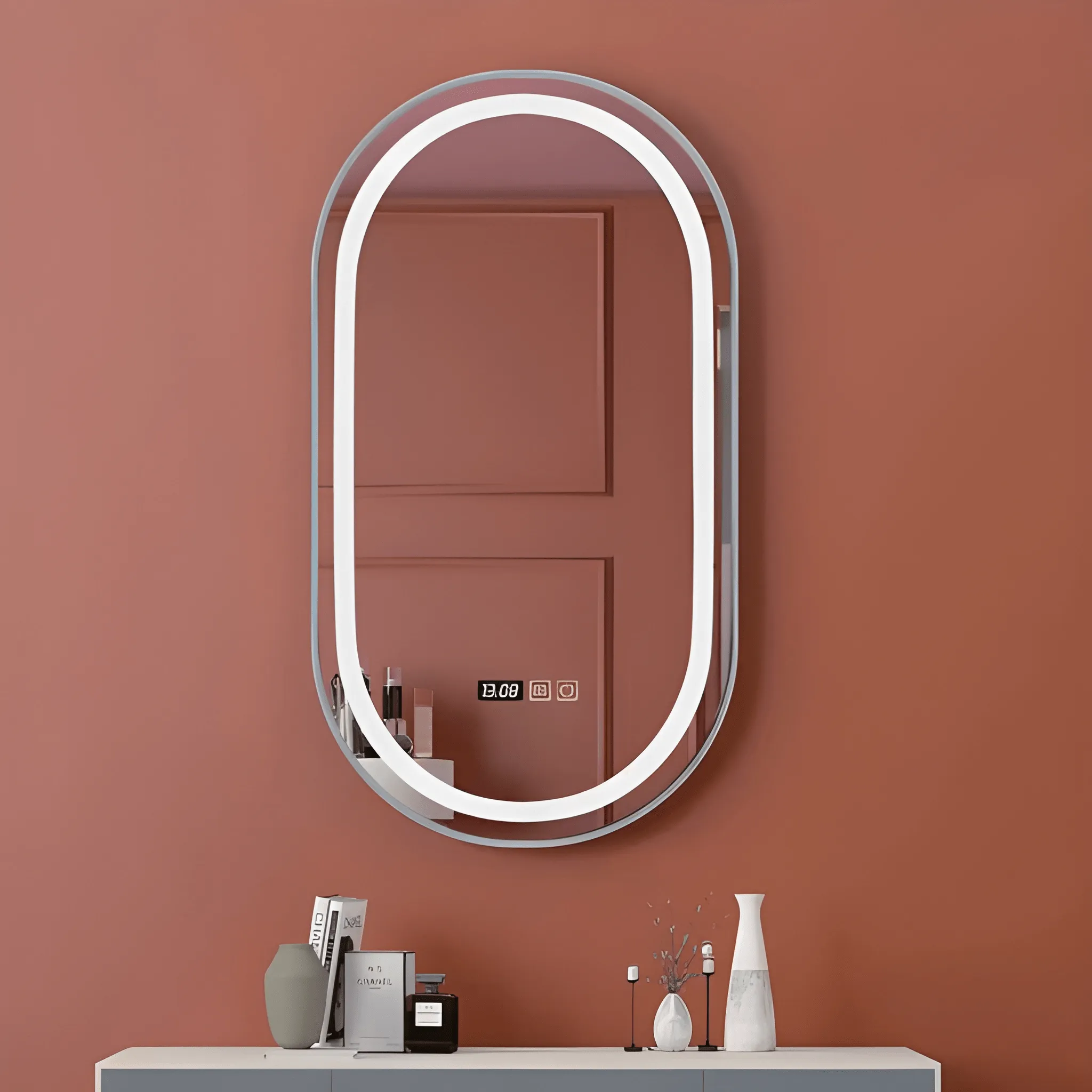 Silver Frame LED Stadium Mirror 120 x 50 cm S12050S01