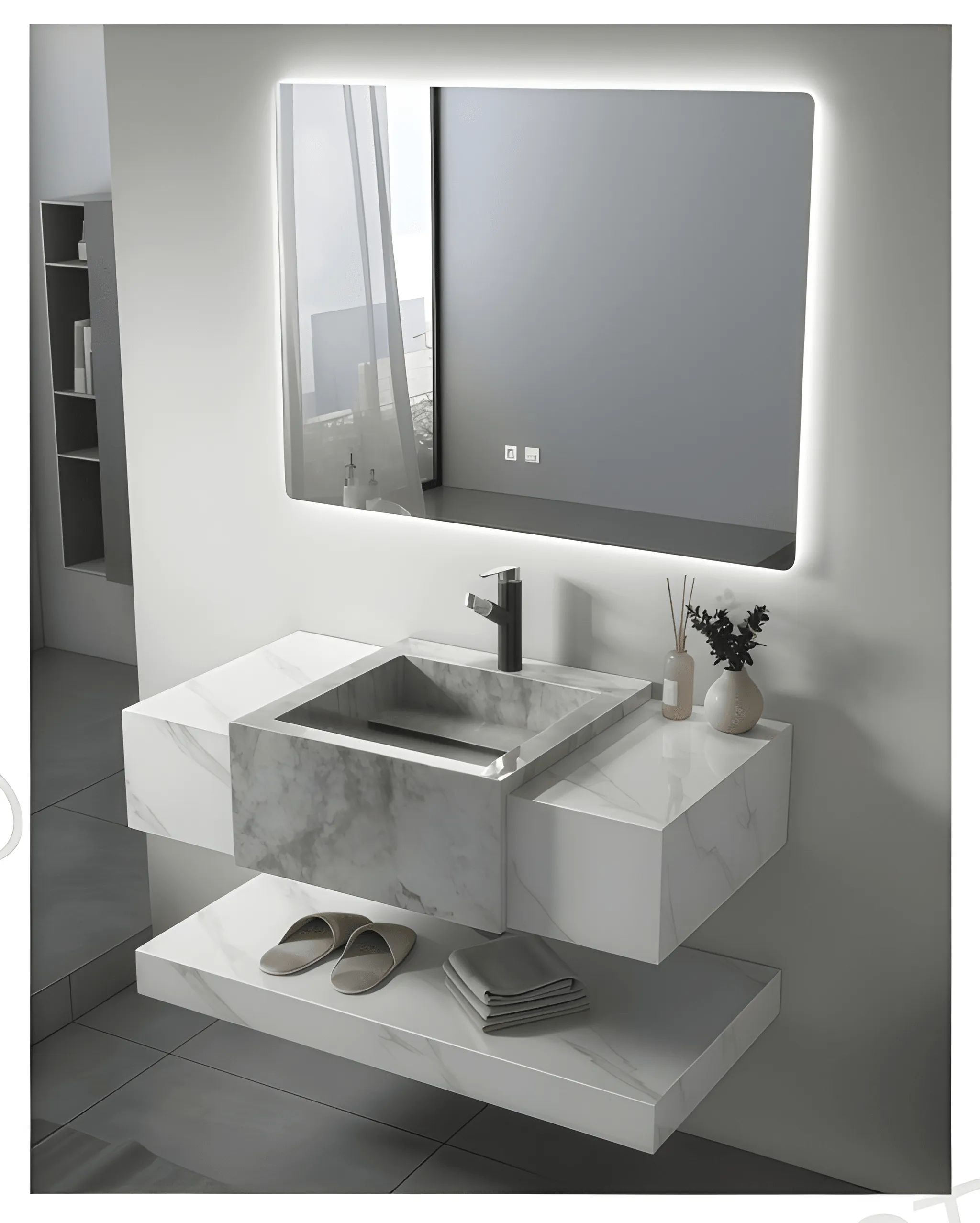 2 PC Marble Cabinet Grey & White 80cm with LED Mirror (80 x 60 cm) – 9094101W
